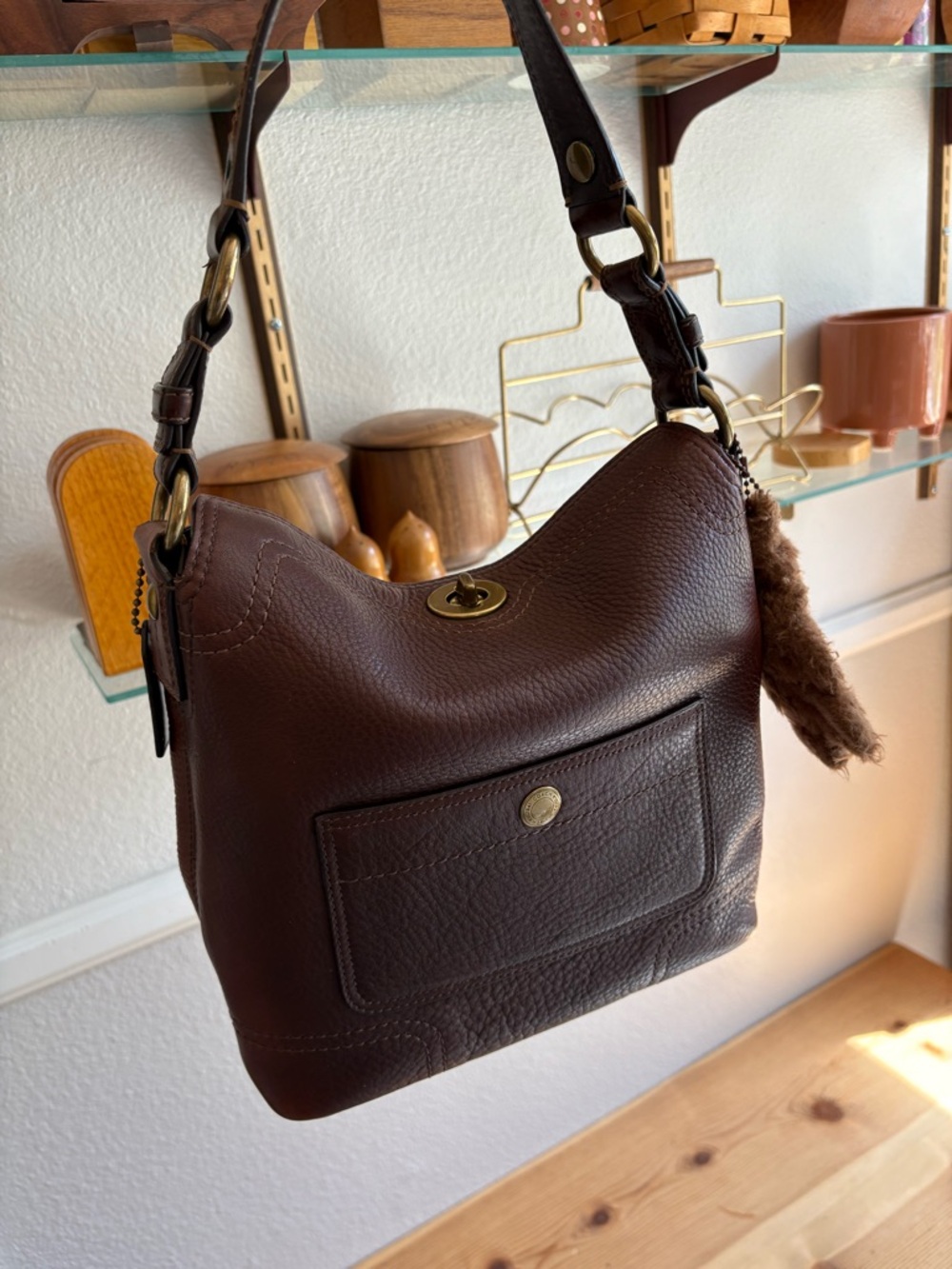 COACH Brown Pebbled Leather Shoulder Bag with Brass Hardware Turn lock Shoulder